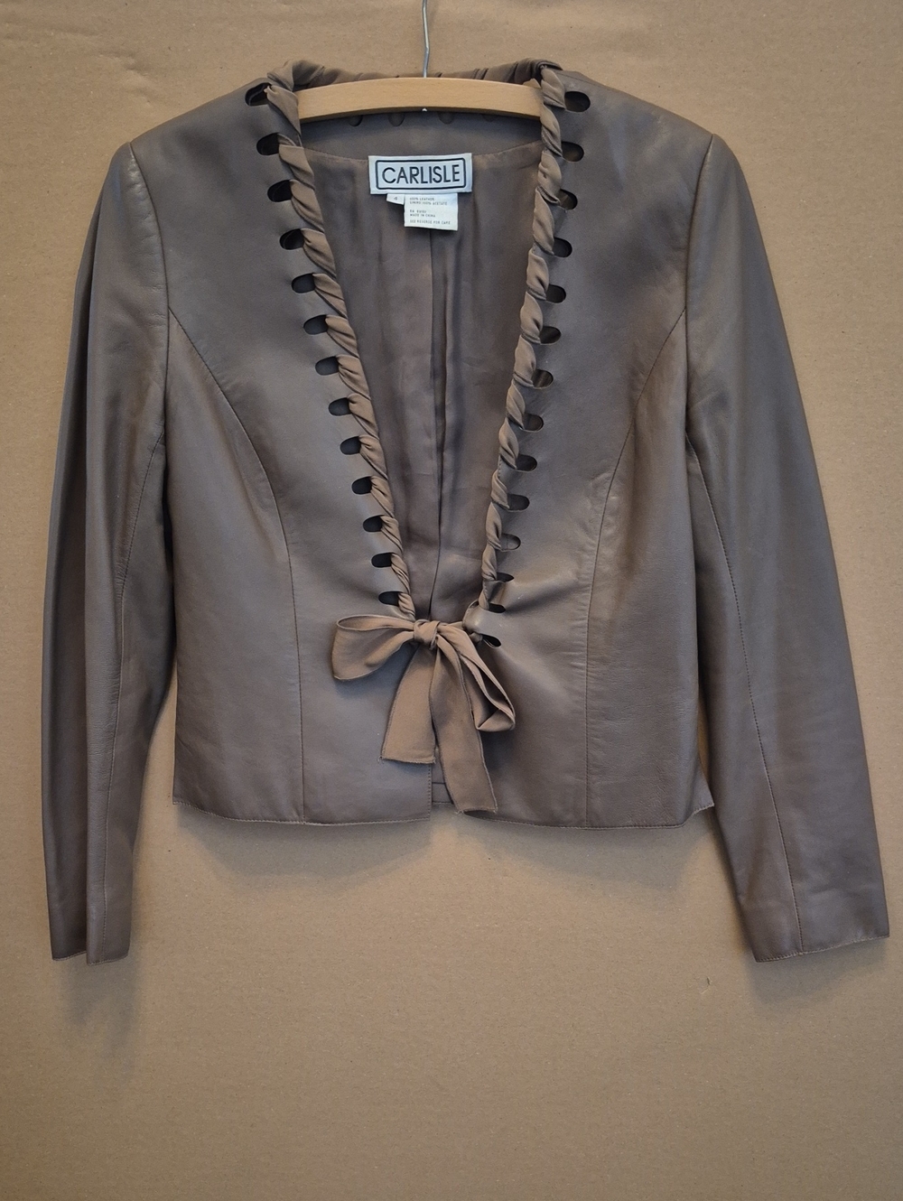Carlisle Leather Jacket S Vintage Taupe Laser Cut Woven Ribbon Collarless Blazer
